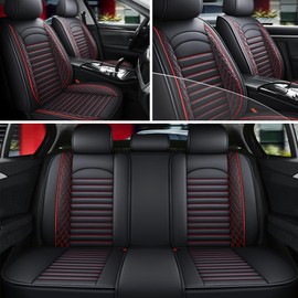 Priprilod Car Seat Covers Full Set, Waterproof Black Leather with red Stitching Seat Covers Protector Universal for Most Types of Cars Trucks SUV Pick-up Truck
