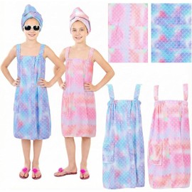SmoothNovelty - Juego de 2 toallas para niñas con vestido de baño suave ajustable con turbantes para cabello húmedo de secado rápido (sirena princesa)
