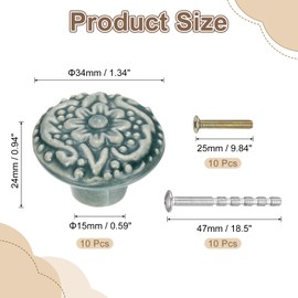 sourcing map 10Pcs Ceramic Knobs, 34mm/1.34" Flower Pattern Mushroom Knob Drawer Pull Handle Vintage Wardrobe Knobs with Screws for Vanity Bedroom Furniture Closet, Green