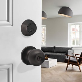 Round Ball Entry Door Knobs and Double Cylinder Deadbolt Combination Locksets,Oil Rubbed Bronze Finished, Keyed Alike Entrance Door Locks,Universal for Right and Left Handed Doors,3Pack