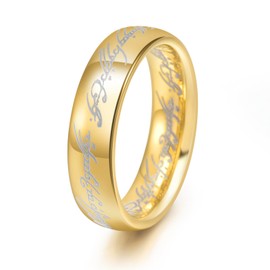 FASHGOOD 6mm Tungsten Ring for Men 18K Gold Plated Lord Rings Magic Power Rings Magic Words Inlay Rings High Polished Beveled Edge Comfort Fit,Wedding Band for Men Gold Ring Size 10