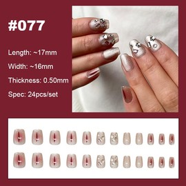 【NEW ARRIVALS!】 Press on Nails French Tip Bling Coffin Short Almond Fake Nails with Designs Glue on Nails Long Glossy Gradient Medium False Nails Reusable Full Cover Thick Nail Acrylic Stick on Nails for Women Girls 24 Pcs:_077