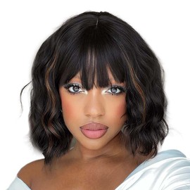 AISI HAIR Wavy Bob Wigs with Bangs for Women Short Wavy Bob Curly Wig Synthetic Natural Looking Heat Resistant Fiber Wig - Color: Black mixed brown