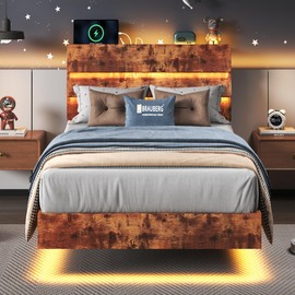 Feonase Twin Floating Bed Frame with Led Lights and Charging Station, Wood Twin Size Bed Frame with Storage Headboard, Heavy Duty Metal Slats, No Box Spring Needed, Easy Assembly, Vintage Brown