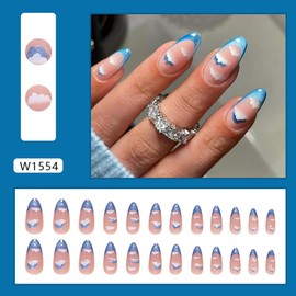 CEWEWP 24Pcs Almond Press on Fake Nails Medium Cute Clouds Fake Nail French Tip Press on Nails Blue Cat's Eye False Nails Acrylic Nails Full Cover Glue on Nails Stick on Nails for Women and Girls