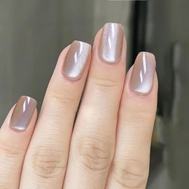 Light Brown Cat Eye Press on Nails Short Square Fake Nails Tea False Nails Glitter Design Shiny Full Cover Glossy Glue on Nails for Women 24PCS