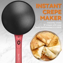 Baker's Friend Instant Crepe Maker with Handle, Electric Crepe Maker Machine, Crepera Electrica, 8 Inch Non-stick Cooking Surface, Raspberry Red
