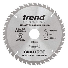 Trend CSB/18040 Craft Pro Trimming Crosscut TCT Saw Blade Ideal for Hitachi and Black & Decker Circular Saws, 180mm x 40 Teeth x 30 Bore, Tungsten Carbide Tipped