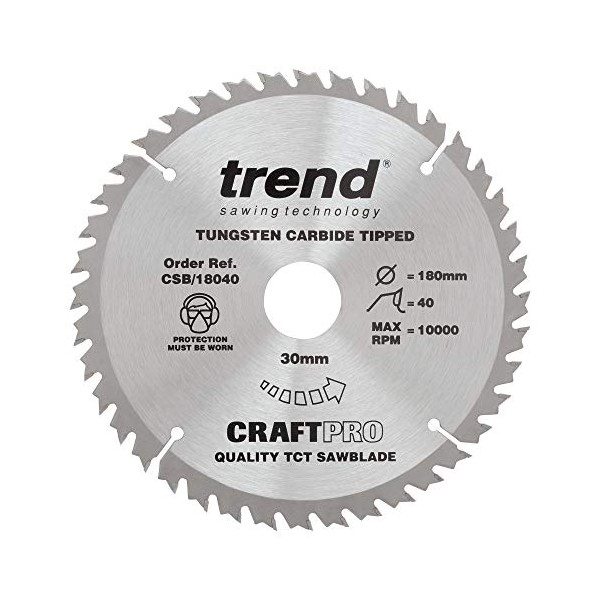 Trend CSB/18040 Craft Pro Trimming Crosscut TCT Saw Blade Ideal for Hitachi and Black & Decker Circular Saws, 180mm x 40 Teeth x 30 Bore, Tungsten Carbide Tipped