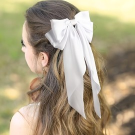 YIcabinet Hair Scrunchies with Long Ribbon Bow Solid Hair Ties Elastics Hairbands Silk Chiffon Ponytail Holders Rubber Bands Accessories for Women Girls,White