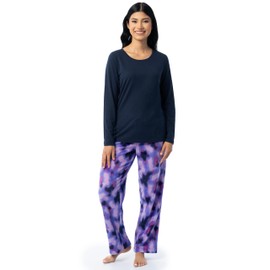Fruit of the Loom Women's Sueded Jersey Crew Top and Fleece Pant Sleep Set, Navy/Abstract