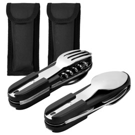 Tibapla 2Pcs Multi Functional Folding Camping Cutlery, 7 in 1 Stainless Steel Camping Utensils with Pouch, Detachable Camping Tableware for Outdoor Camping Hiking Picnic Travel Fishing (Black)