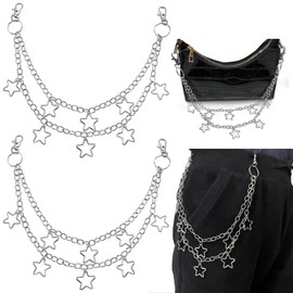 KuuGuu 2 PCS Hip Hop Pants Chain Star Punk Wallet Chain Rock Jean Pocket Chains Layered Metal Hollow Stars Keychains Fashion Handbag Decorative Waist Body Accessories for Women and Men （Silver）