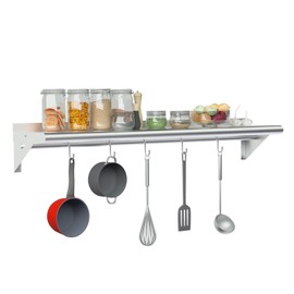 Treshin Stainless Steel Shelf with 5 Hooks 12 x 48 Inches, Commercial Wall Mount Floating Shelving Storage Pot Rack for Hanging Pots, Pans, cookware in Restaurant, Kitchen, Home, Bar and Hotel