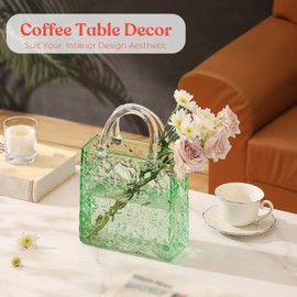 PORPAN Purse Vase, Glass Bag Vase, Glass Purse Vase for Flowers, Green Vases, 12 Inch Large Flower Vases with Embossed Pattern for Wedding, Living Room, Bedroom, Table, Office(Tote)