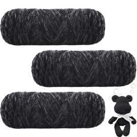 Maxee 300 g (3 x 100 g) Velvet Baby Wool, Velvet Wool Chenille Yarn, Cuddly Soft Chenille Yarn, Fluffy Soft Plush Wool, Crochet Yarn Wool for Knitting and Crocheting (Dark Grey)