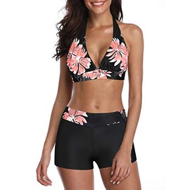 Womens Athletic Tankini Swimsuits Sporty Two Piece Halter Set with Boyshort Bathing Suit Sports Swimwear for Women Pink Flower XL