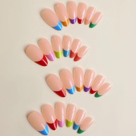 Press On Nails - Colorful French Tip False Nails - Short Medium Almond False Nails With Glue - Reusable Semi-Transparent Oval Neon Rainbow Fake Nails - Full Cover Stick On nails For Women DIY Nail Art