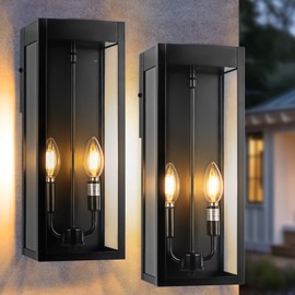 Sparluvix Outdoor Wall Lights 16 Inch Large, 2 Pack Black Modern Exterior Lighting Fixtures Wall Mounted with 2-Candle Light, Waterproof Outside Wall Sconces Coach Lamps Porch Lanterns for House E12