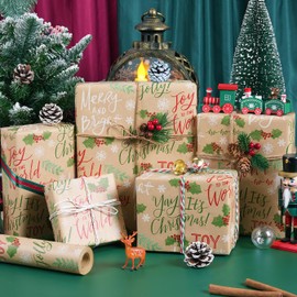 Christmas Wrapping Paper Roll, Vintage Kraft Wrapping Paper Roll, 17 Inch x 49 Feet, Snowflake Leaves Holly Berries Patterns Xmas Wrapping Paper for Christmas New Year Winter Holiday (69.4 sq.ft.ttl)