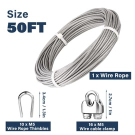 Fshihine 3/16 Wire Rope, 50ft Stainless Steel Cable with Wire Rope Clamps & Thimble, 3700lbs Breaking Strength, 7X19 Strands Aircraft Cable for Zipline, Deck Railing, Clothesline