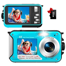4K Underwater Camera 56MP Autofocus 11FT Waterproof Camera Dual-Screen Selfie 16X Underwater Camera for Snorkeling Waterproof Compact Floatable Digital Camera with 32GB Card