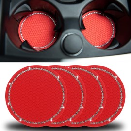 Unifizz 4pcs 2.75 Inch Car Cup Coasters PVC Car Coasters Non-Slip Cup Holder Red Shiny Sparkling Crystal Car Insert Charm Coasters Interior Accessories