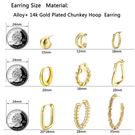 MILACOLATO 9 Paar Ohrringe Silber/Gold Creolen Damen Hoop Ohrringe Für Frauen Lightweight 14K Gold Plated Chunky Multipack Hypoallergenic Twisted Huggie Schmuck Set Für Geschenke Gold