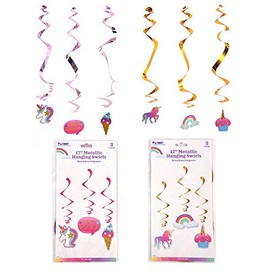 Ultimate Unicorn Party Supplies Set & Tableware Kit | Birthday Decorations, Games, Disposable Paper Plates, Cups, Napkins, Stickers, Treat Bags, and More! (Metallic Hanging Swirls; 6-Count)