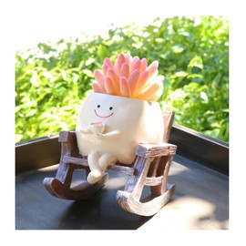 MUZZIOU Smiley Face Planters for Indoor Plants, Cute Head Resin Rocking Chair Plant Pots, Funny Small Pots for Plants with Drainage Hole for Home Decor (Drinking Coffee)