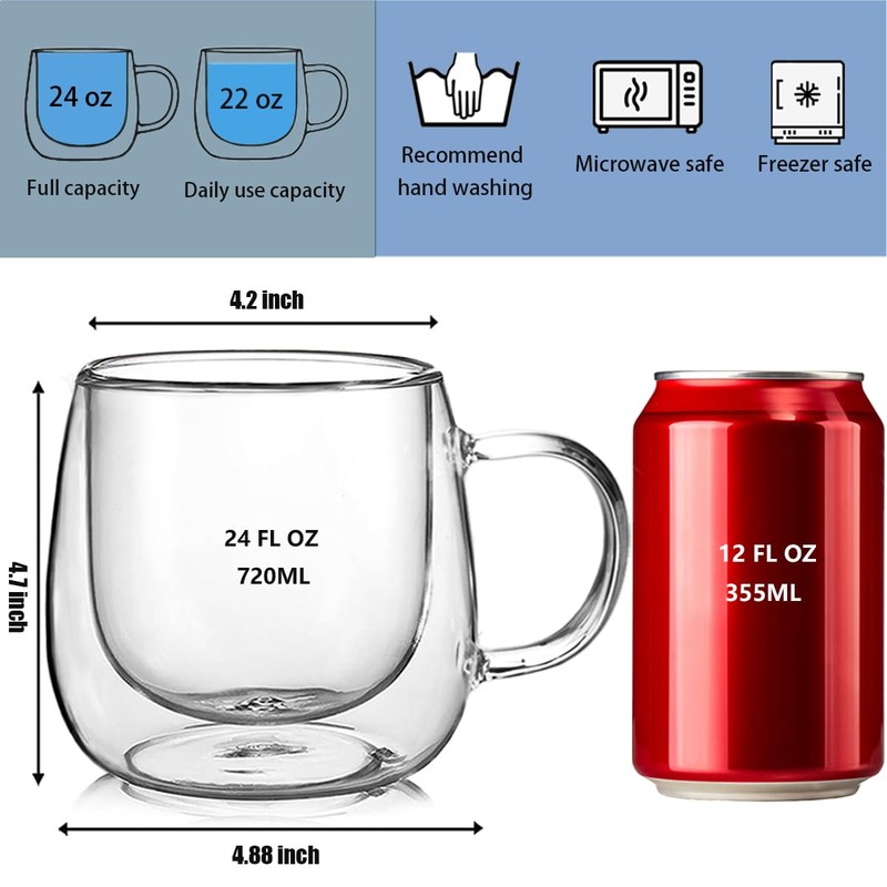 BNUNWISH Large Double Walled Glass Coffee Mugs Beer Cups 24oz