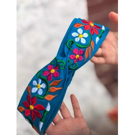 FANFAN Floral Embroidered Headband - Boho Braided Elastic Hair Band for Women & Girls - Day of the Dead/Cancun Beach Party & Church Wedding Accessories E9 (Blue, Free Size)