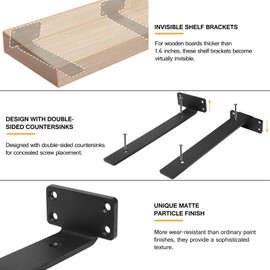 HITOMEN Heavy Duty Floating Shelf Brackets, 12-Inch (1/5'' Thick) Hidden Shelves Hardware, Cast Iron L Brackets, Rustic Industrial Black Metal Wall Shelving Supports, 12 Pack