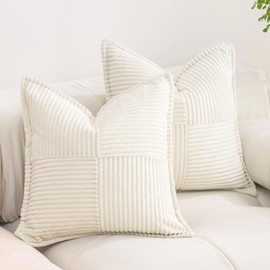 Puncuntex Corduroy Throw Pillow Covers Set of 2 Boho Decorative Cream White 22×22 Inch,Super Soft Pillowcase Cozy Striped Texture Cushion Cover for Couch,Sofa,Farmhouse,Living Room