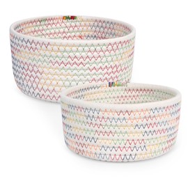 Minicoco 2 Pcs Rainbow Basket Woven Cotton Rope Storage Baskets Toy Storage Woven Basket for Baby Nursery Bathroom Cupboards Closets