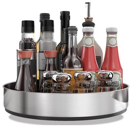 Lazy Susan Kitchen Organiser, Turntable Organiser, 360 Degree Rotating Storage Container for Food, Spice Holder Made of Stainless Steel, Lazy Susan (Silver/20 cm)