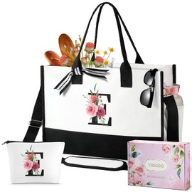 TRSODD Birthday Gifts for Women Initial Canvas Tote Bag with Adjustable Shoulder Strap and Makeup Bag Mothers Day Gifts for Mom Wife Grandma Daughter Sister