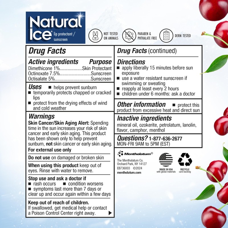 Natural Ice Cherry - SPF 15 lip balm, Cherry Flavor,