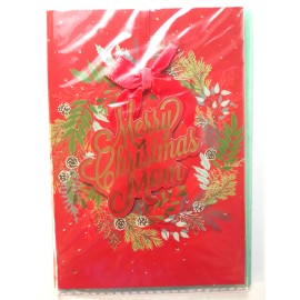 Voila Greeting Card & Envelope Merry Christmas Mom Wreath Red Ribbon Pine Cones Voila