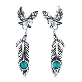 925 Sterling Silver Turquoise Feather Earrings Dangling America Western Eagle Feather Earrings Men Feather Jewelry Turquoise Western Style Gifts Hypoallergenic
