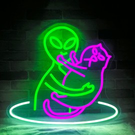 Alien Cat Neon Sign,Funny Green Aliens Purple Cute Cat LED Light Sign Wall Decor For Game Room Bedroom Party Man Cave Club,Birthday Gifts For Women,Men,Boys,Girls(Alien Cat)