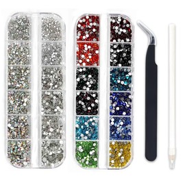 4608 Pieces Flat Rhinestones, Back Round Gemstones, Nail Crystals Rhinestones for Nails Set Mix 12 Colours (SS10) and 6 Sizes (SS4-SS16) for Crystal White and Crystal White AB