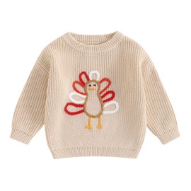 Lesimsam Toddler Baby Boy Girl Thanksgiving Sweater Turkey Embroidery Knit Sweatshirt Pullover Top Warm Winter Clothes (Cute Turkey Beige, 18-24 Months)
