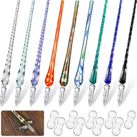 Outus 9 Pieces Glass Dip Pen Handmade Glass Signature High Borosilicate Crystal Vintage Dip Pen with 9 Pieces Penholder for Writing Drawing Calligraphy(Fashion Style,Mixed Color)