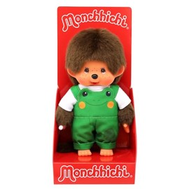 Sekiguchi 203871 Original Monchhichi Boy with Dungarees and Frog Motif, Approx. 20 cm Cuddly Toy Made of Brown Plush