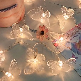Guirnalda de luces de mariposa, LED de mariposa, funciona con pilas, para interiores y exteriores, luces decorativas para el hogar, recámara, fiesta, cumpleaños, verano, jardín, boda, decoración de Navidad (3 M 20 LED, transparente)