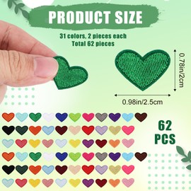 62pcs Heart Iron on Patches, 0.98x0.78in Heart Shaped Patches Colourful Heart Embroidered Patches Heart Applique Patches for Clothing Jackets Backpacks & Decorations