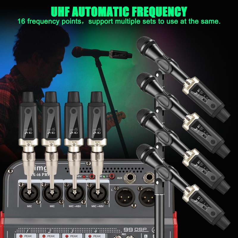 UHF Wireless XLR Transmitter and Receiver with 48V Phantom Power,Rechargeable