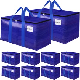 FabSpace 10Pack Moving Storage Bags, Moving Supplies Packing Boxes for Moving, Camping, College Dorm Room Essentials for Girls, Blue Tote Bags, 93L Heavy-Duty Storage Bins With Lids And Zippers