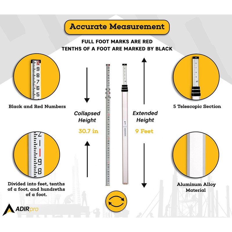 AdirPro 14-Foot Aluminum Grade Rod – 10ths, Dual Sided 4-Section